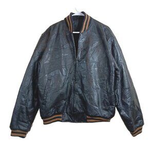 Leather Bomber Jacket Mens Large Black Patchwork Stitch Quilted Y2K Zip Varsity